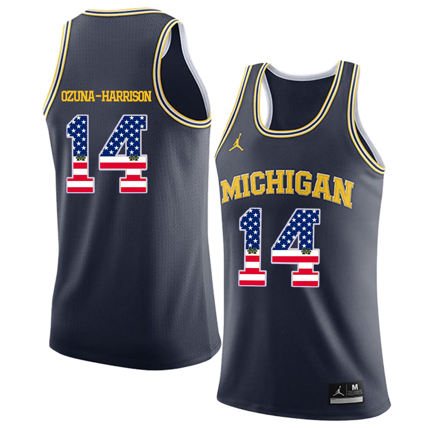 Men Jordan University of Michigan Basketball Navy 14 Ozuna-Harrison Flag Customized NCAA Jerseys